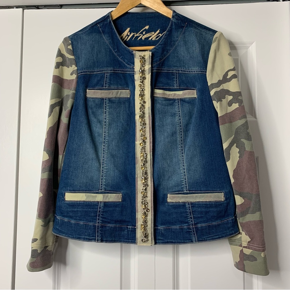 Airfield BlueDenim Jacket With Embellished Trim and Camo Sleeves. Women’s Size L